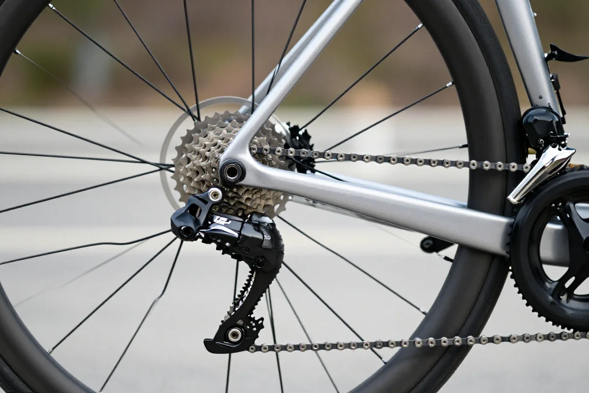 Szczegóły napędu roweru szosowego, ukazujące technikę podjazdu.