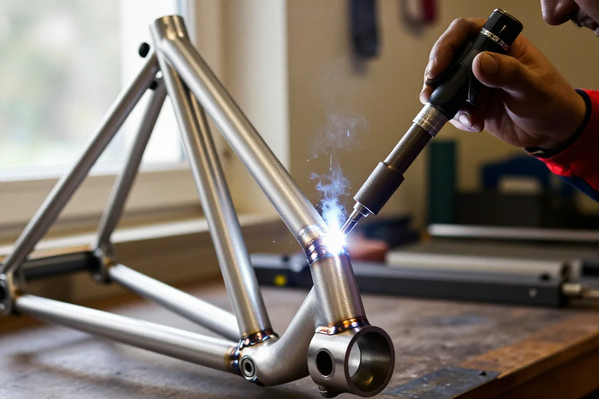 Wykonywanie spawania TIG ramy rowerowej z aluminium w warsztacie