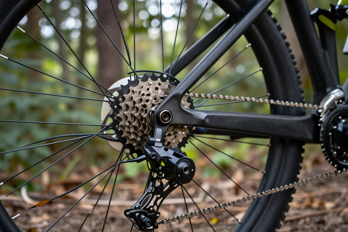 Szczegóły techniczne roweru górskiego w naturalnym otoczeniu