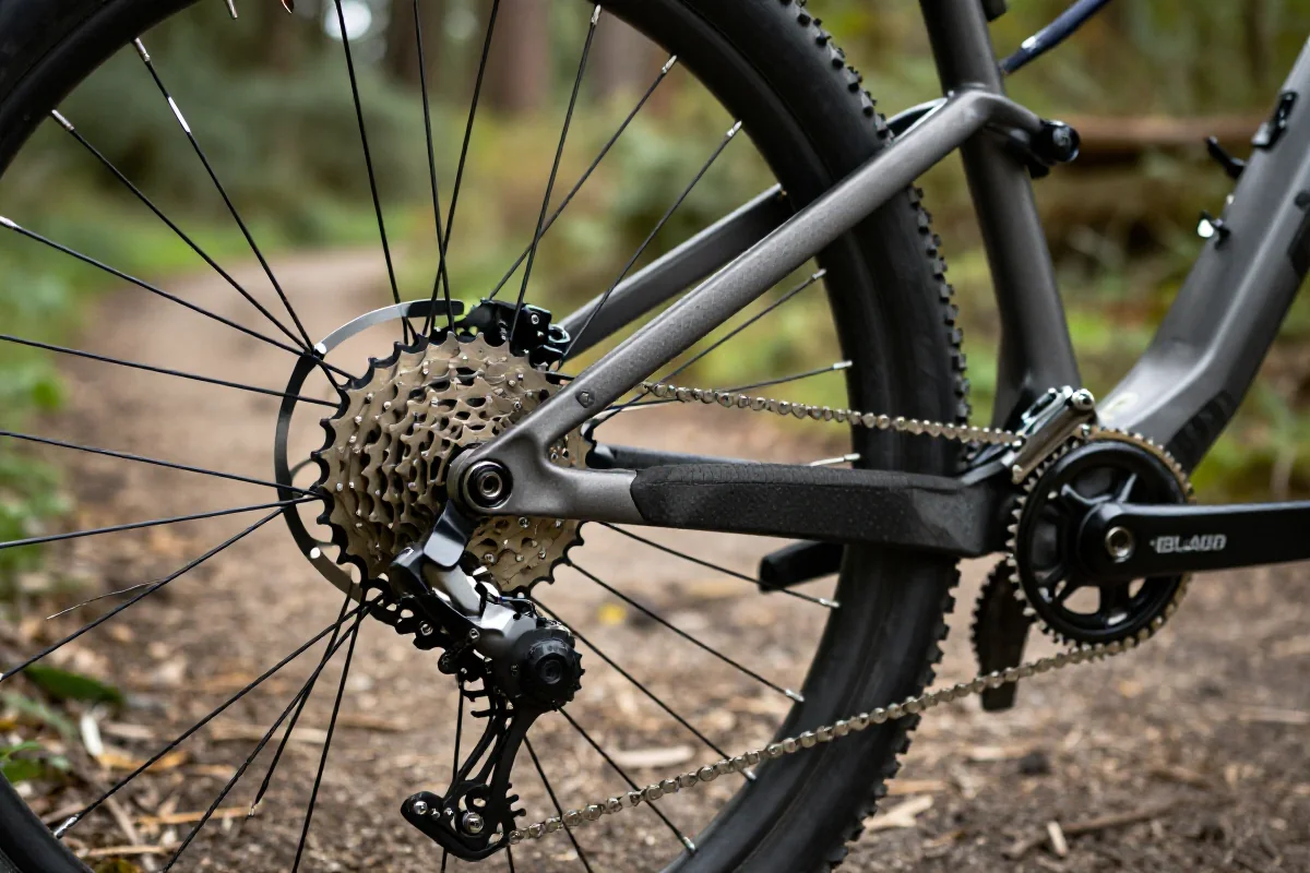 Zbliżenie na mechaniczne detale roweru górskiego i jego komponenty.