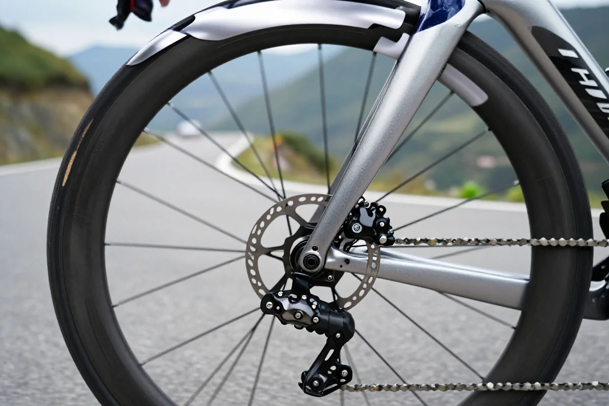 Rower szosowy z zaawansowanym systemem hamulcowym na górskiej drodze