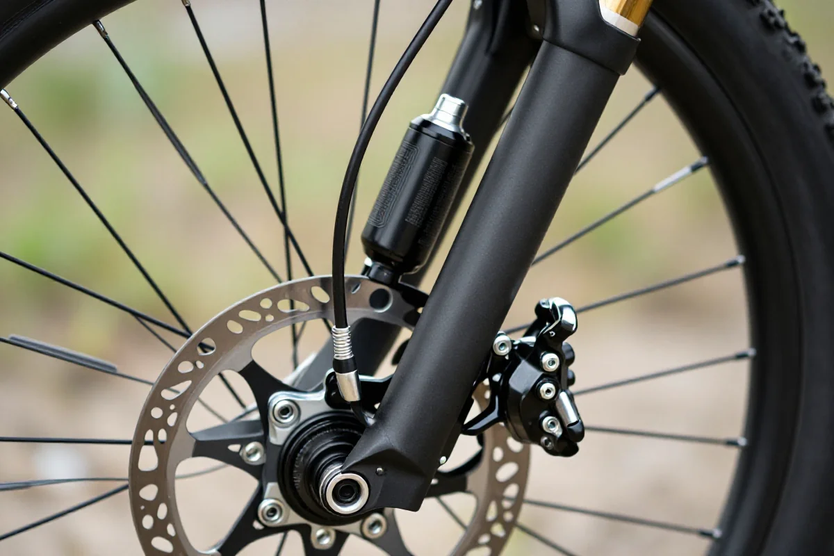 System hamulców hydraulicznych na rowerze górskim, z bliska, szczegóły komponentów.