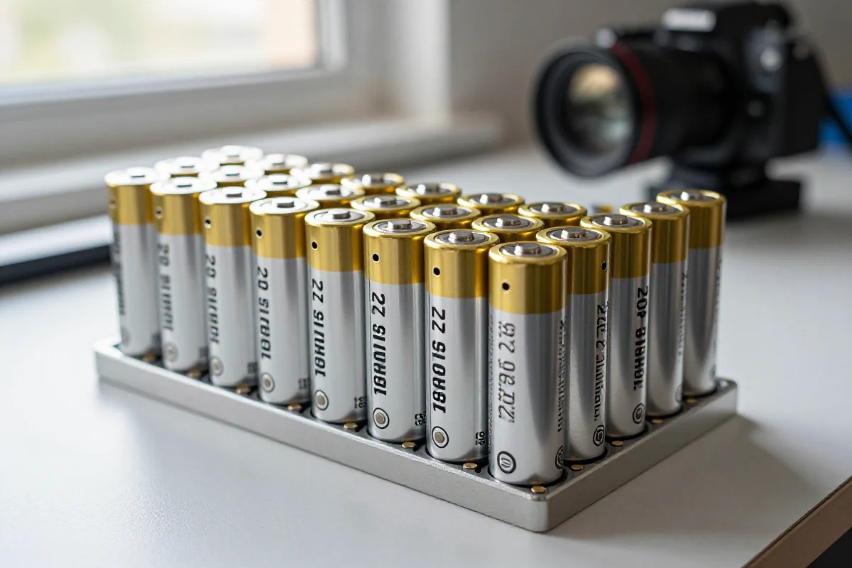 Akumulator litowo-jonowy z ogniwami 18650 i 21700 w warsztacie.