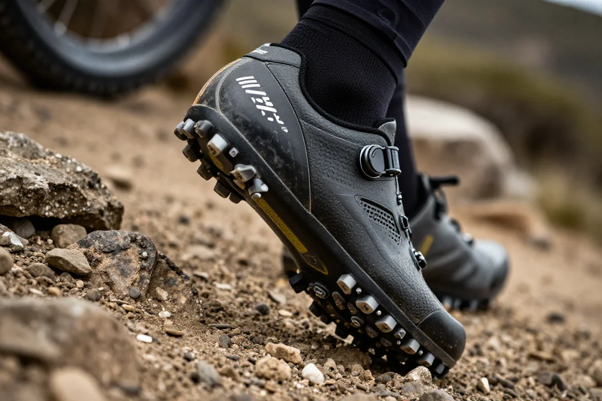 Buty platformowe MTB z wyraźnym wzorem przyczepności na podłożu.