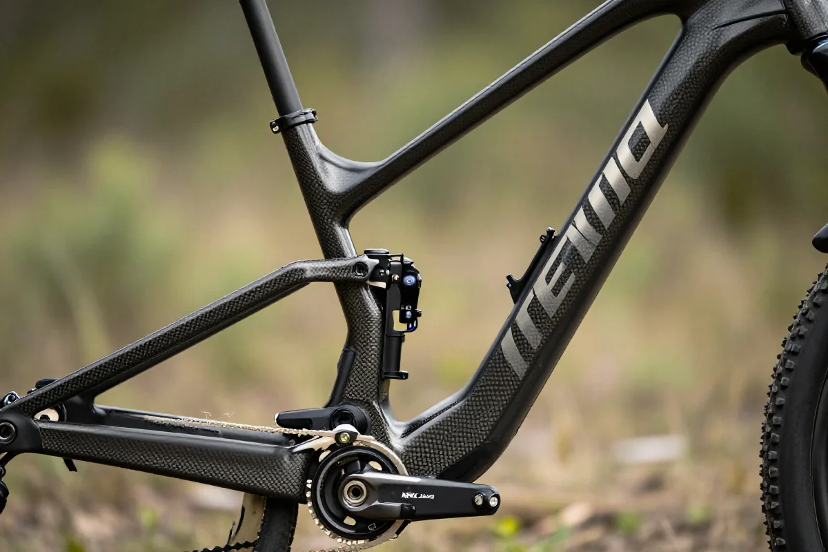 Nowoczesna rama roweru górskiego z włókna węglowego w naturalnym otoczeniu.