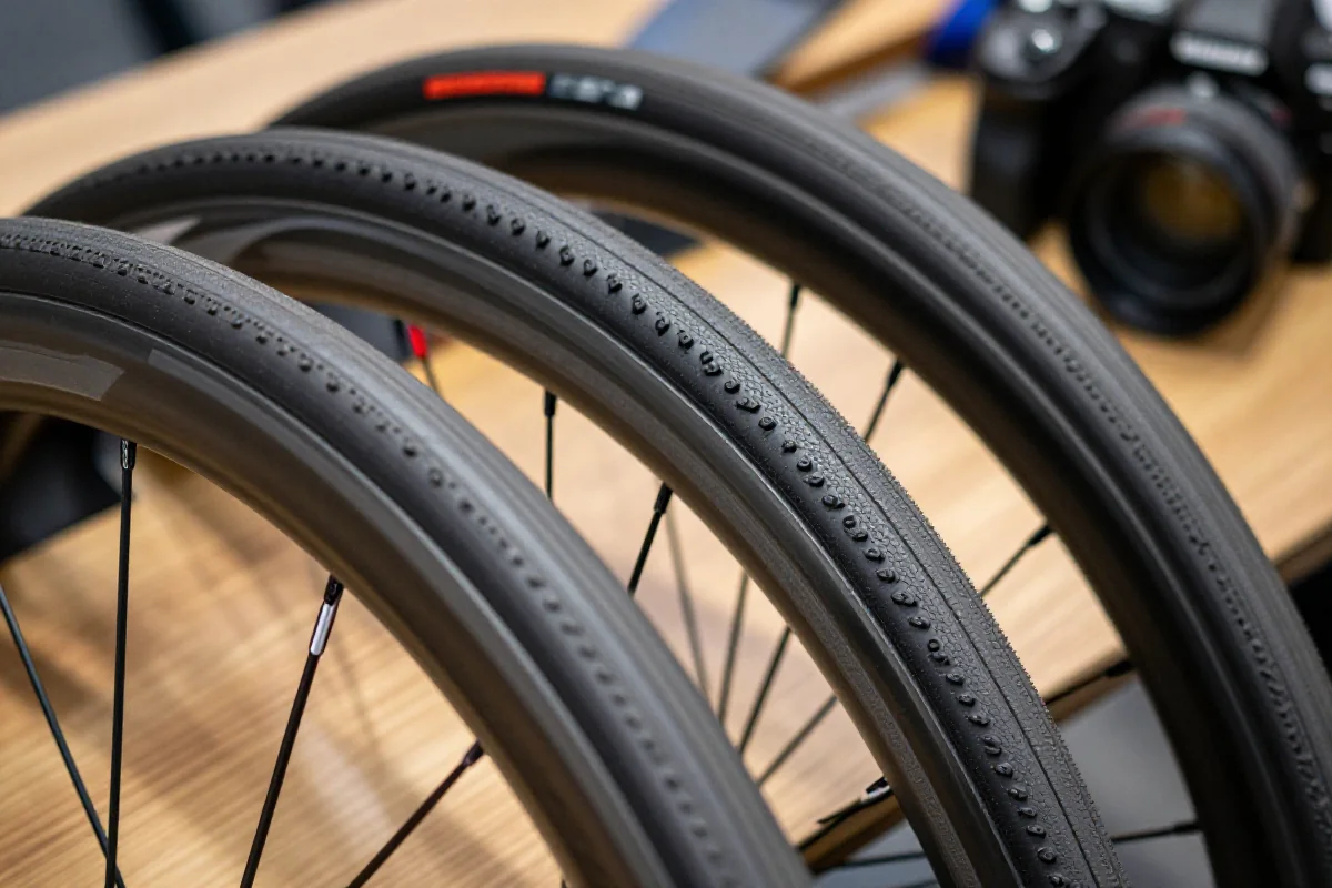 Blisko zbliżenie na opony szosowe z zaawansowaną technologią i wzorem bieżnika.