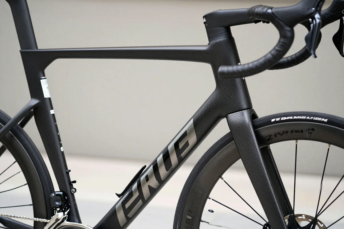 Zbliżenie ramy roweru szosowego z włókna węglowego, ukazujące nowoczesne technologie produkcji.