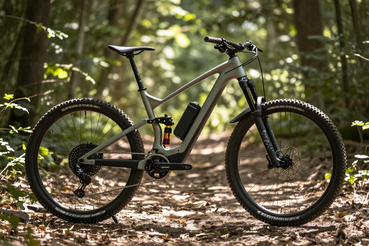 Nowoczesny rower górski elektryczny (e-MTB) z zaawansowanymi funkcjami w lesie.