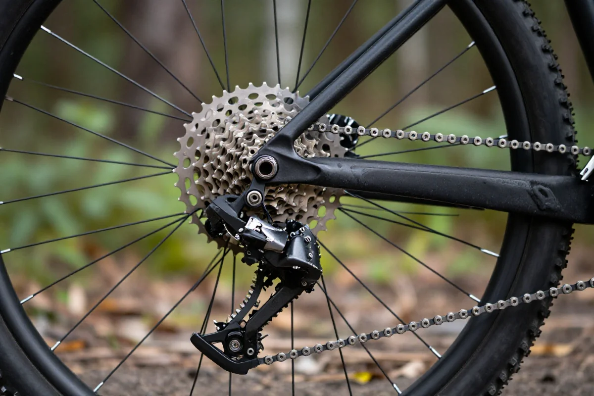 Szczegóły systemu przerzutek w rowerze górskim, kluczowe w treningu wytrzymałościowym.