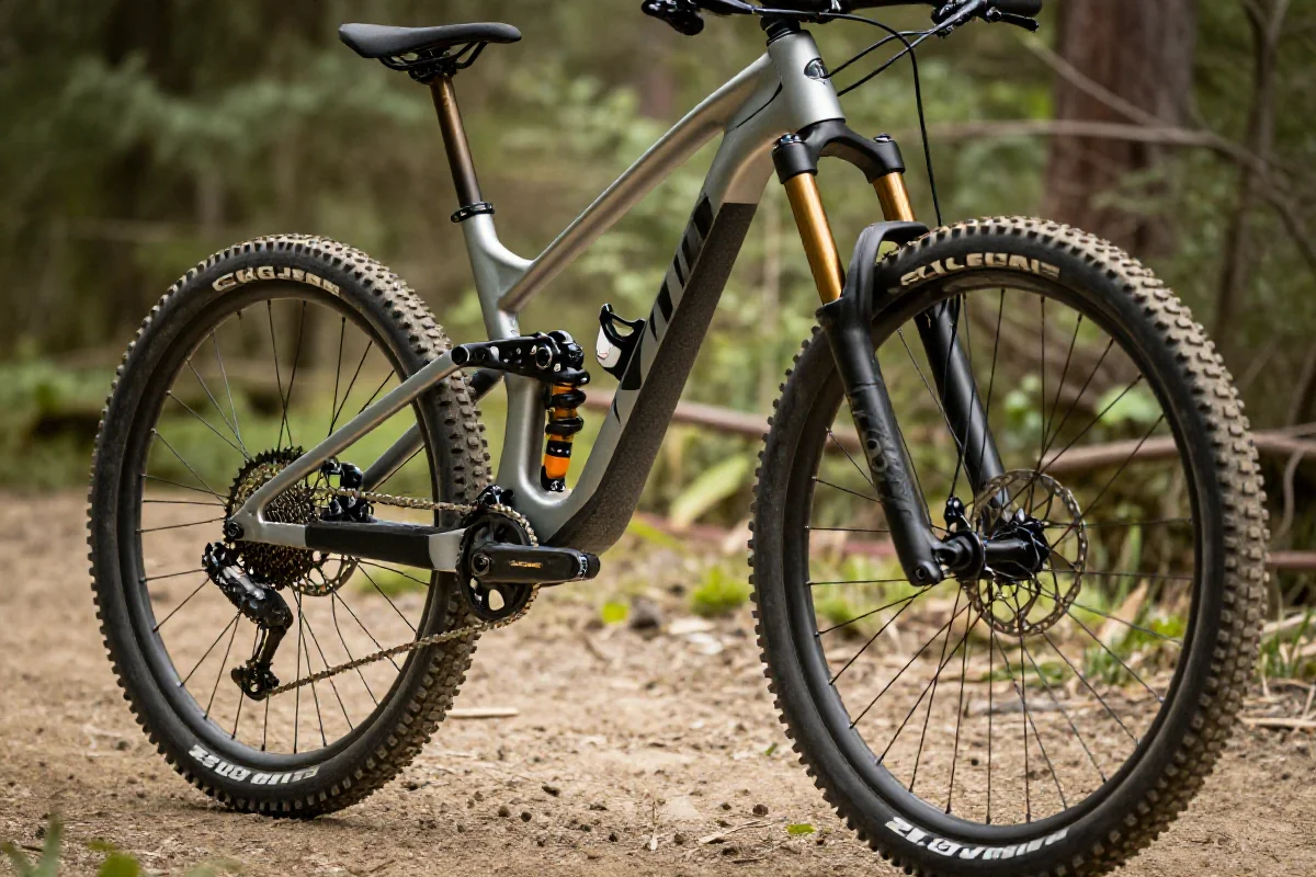 Rower górski na szlaku, ukazujący szczegóły techniczne i terenowy charakter.