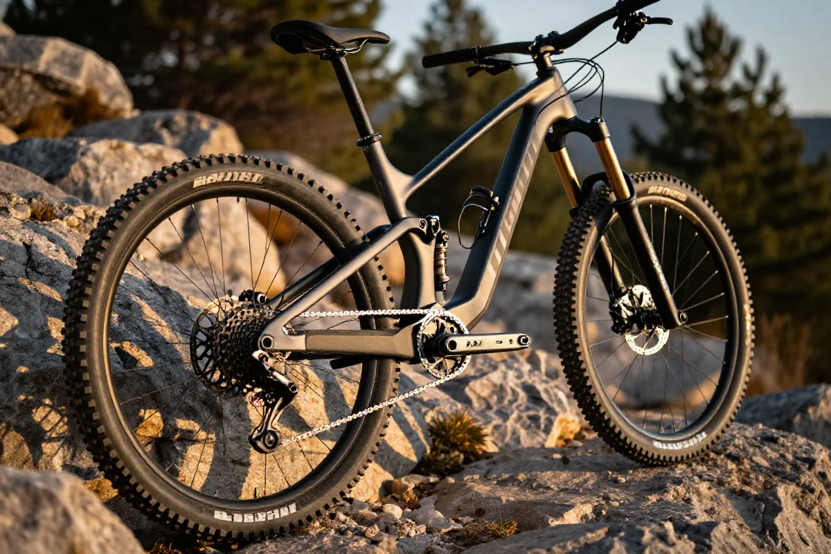 Rama roweru górskiego na skalistym terenie, szczegóły komponentów rowerowych.