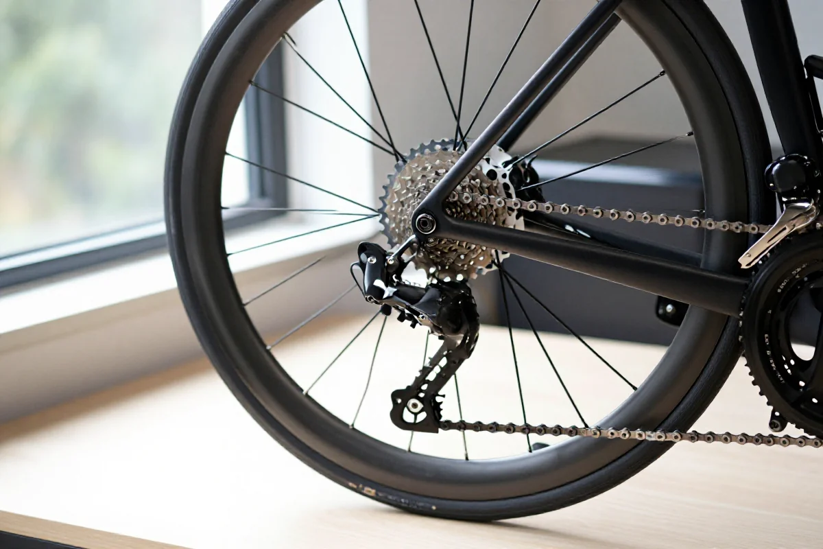 Zbliżenie na system przerzutek roweru szosowego, detale mechaniczne.