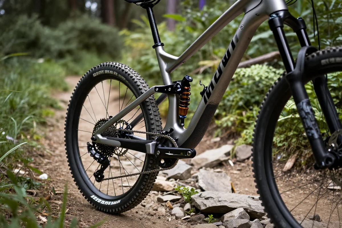 Rama roweru górskiego na szlaku, test jazdy roweru MTB.