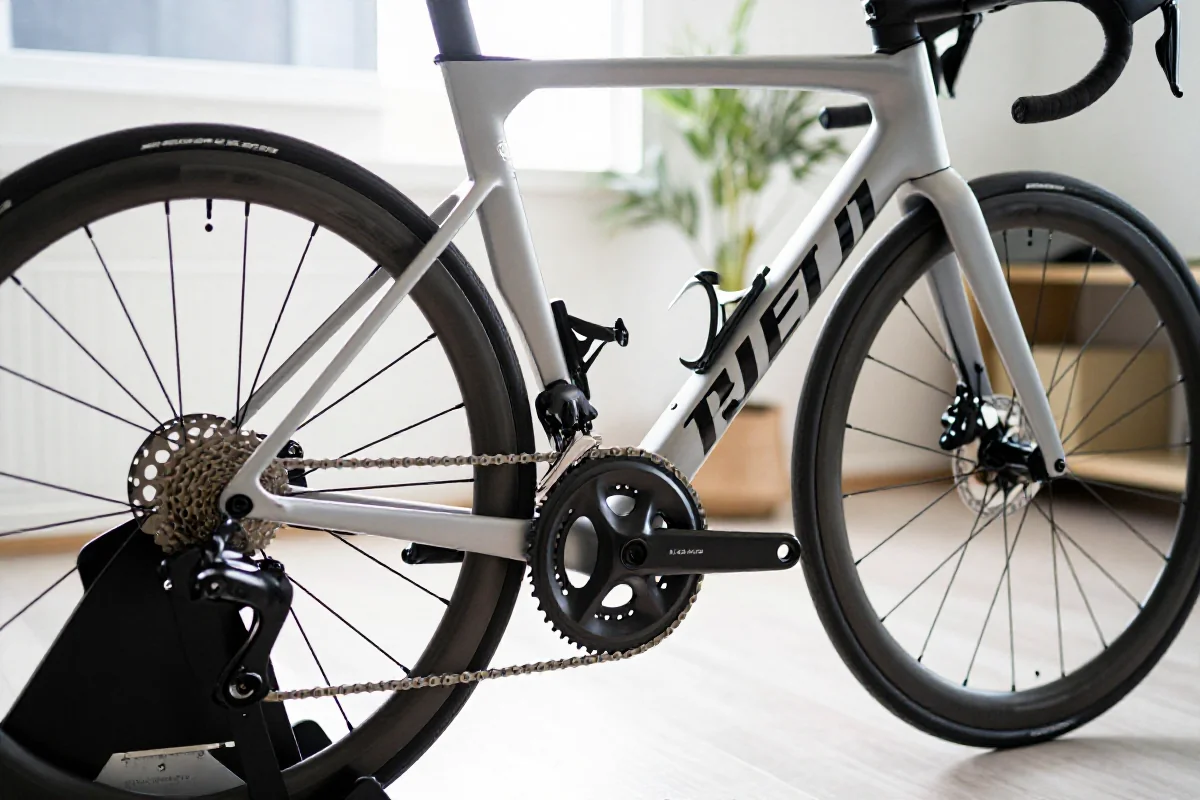 Rower szosowy na trenażerze w domowym otoczeniu, idealny do testów FTP.
