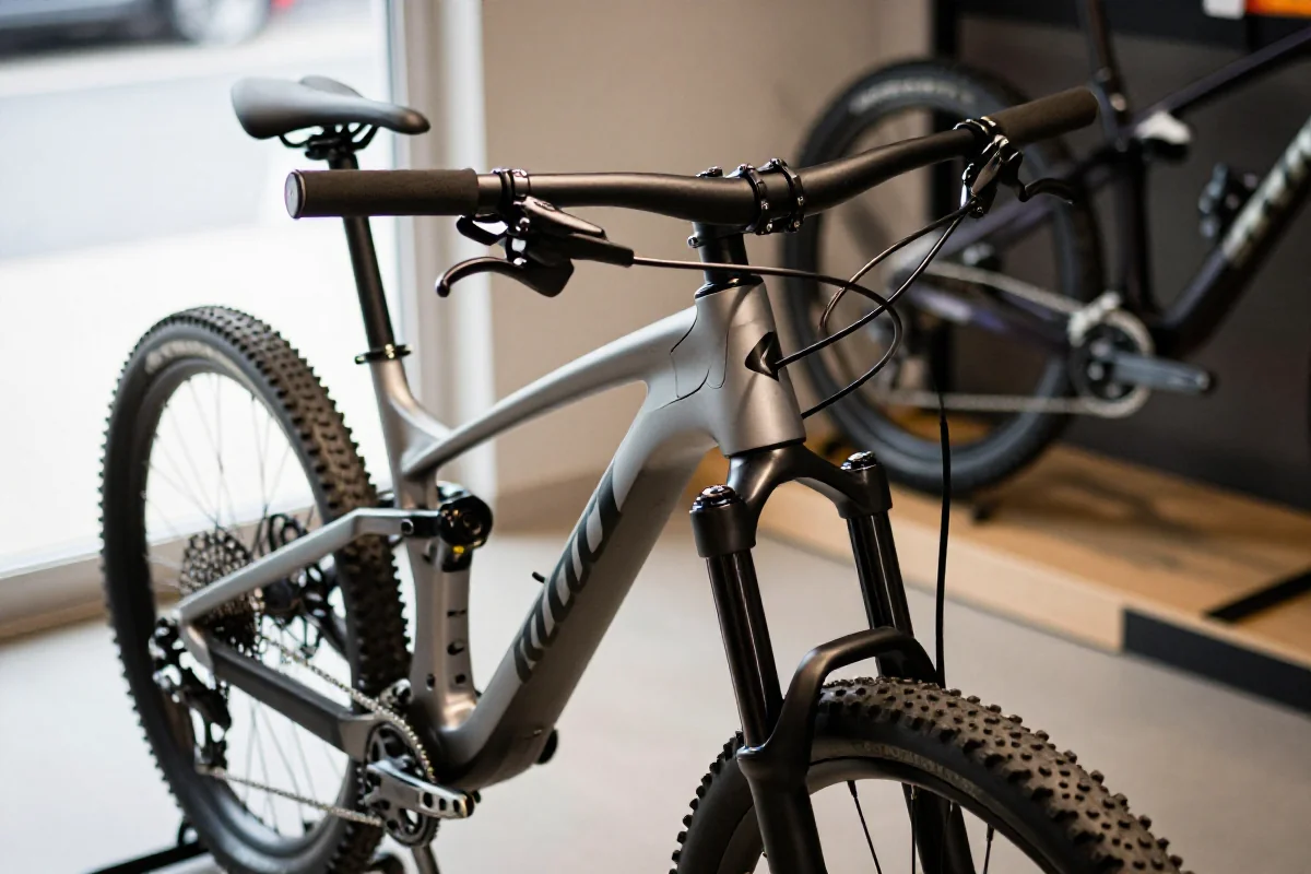 Rama roweru górskiego w sklepie, ukazująca dopasowanie i geometrię.