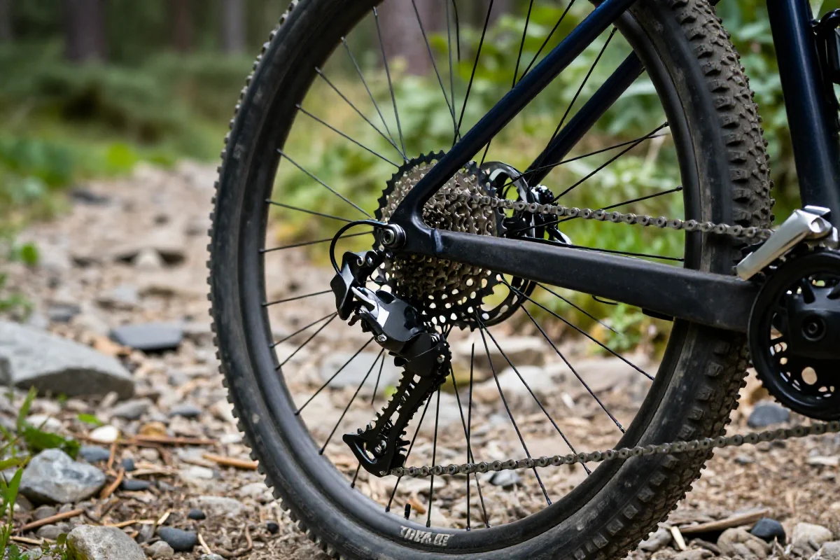 Szczegóły systemu przerzutek roweru górskiego na szlaku w lesie.