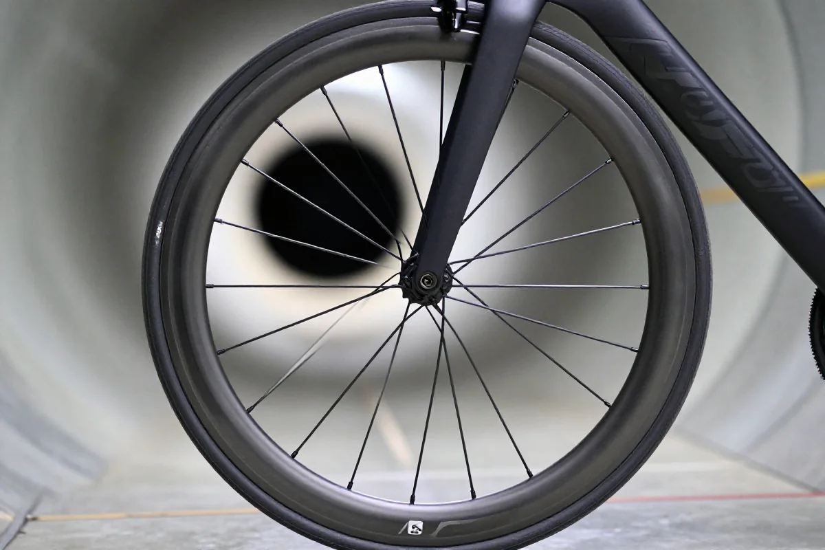 Aerodynamika kół rowerowych w tunelu wiatrowym z bliska.