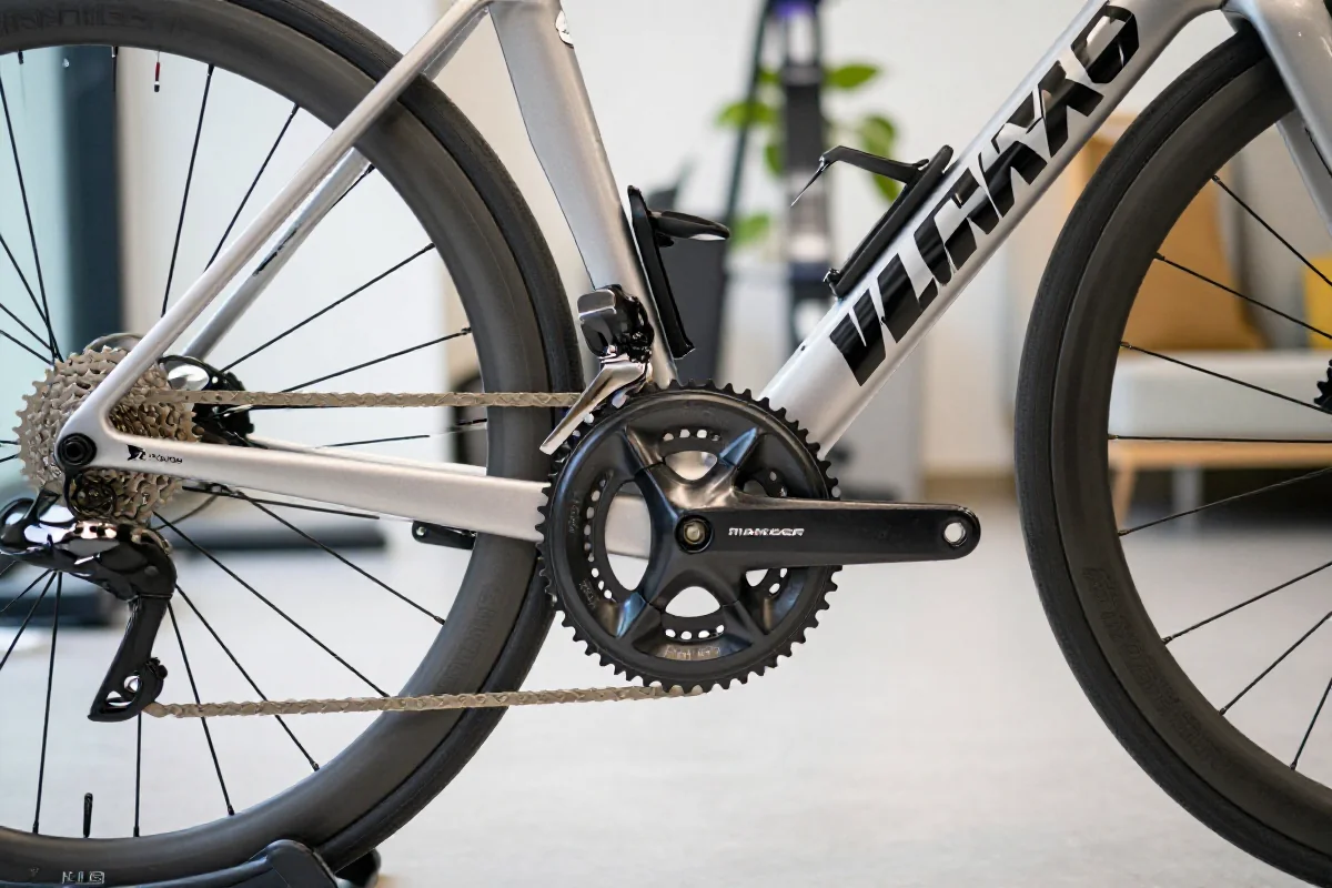 Testowanie wydolności na rowerze szosowym z miernikiem mocy.