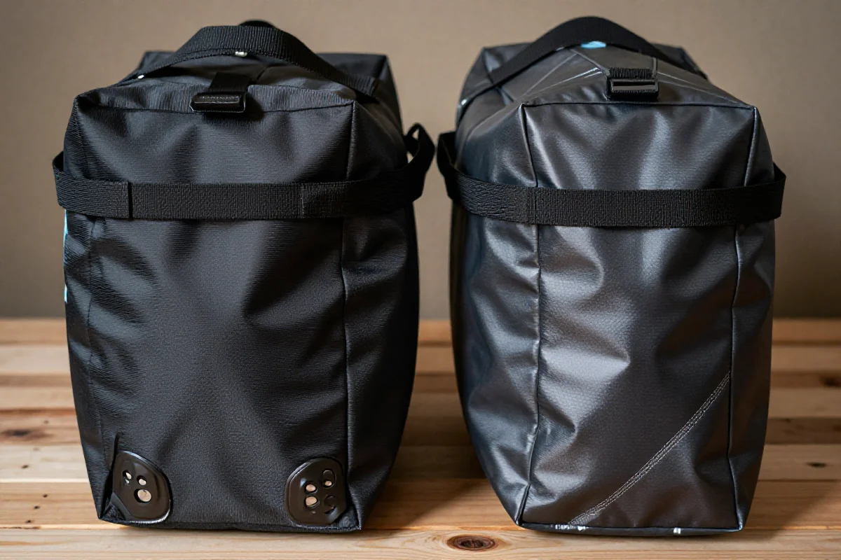 Porównanie toreb rowerowych na bagażnik: Thule Pack'n Pedal i Basil Miles.