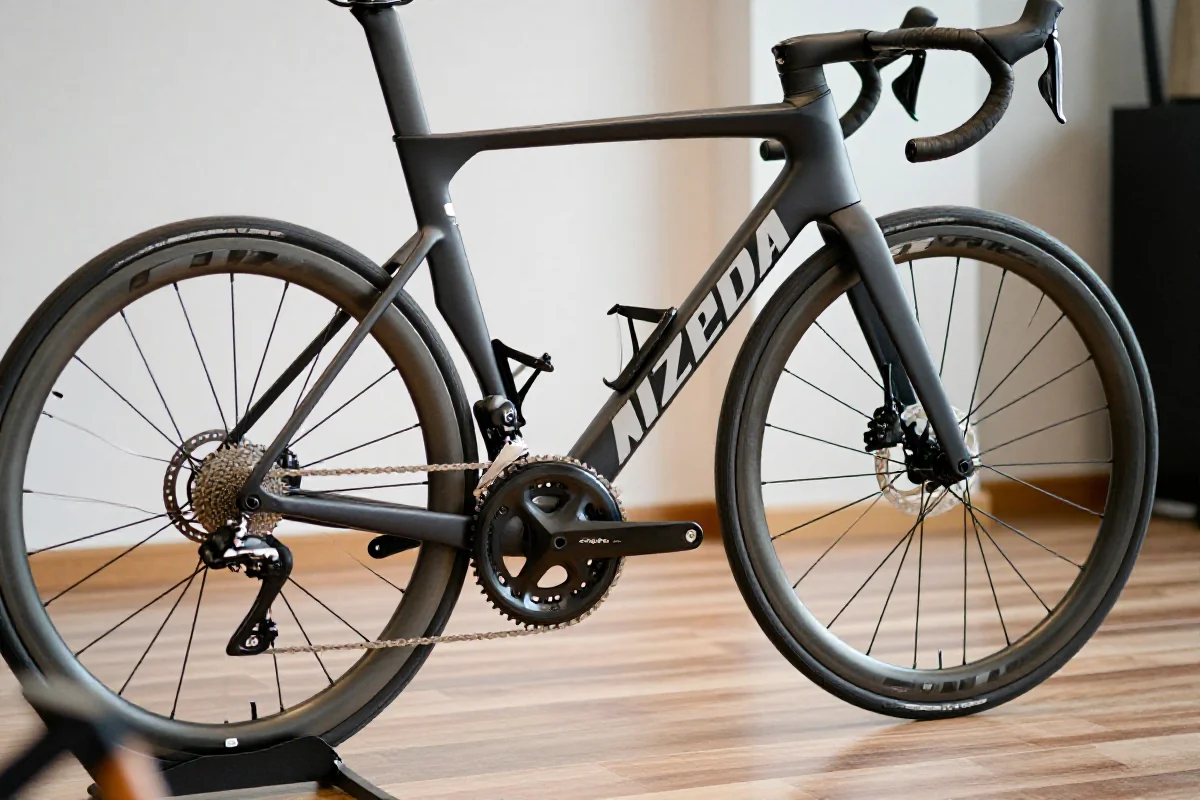 Fotografia bliskiego planu wyczynowego roweru szosowego na drewnianej powierzchni.