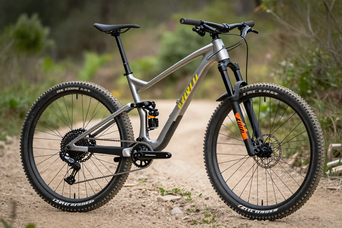 Rower cross-country w terenie, idealny do jazdy w górach, z lekką ramą aluminiową.