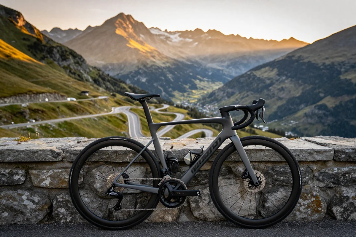 Rower szosowy przy ścianie z widokiem na Alpe d'Huez, ikoniczny podjazd w Europie.