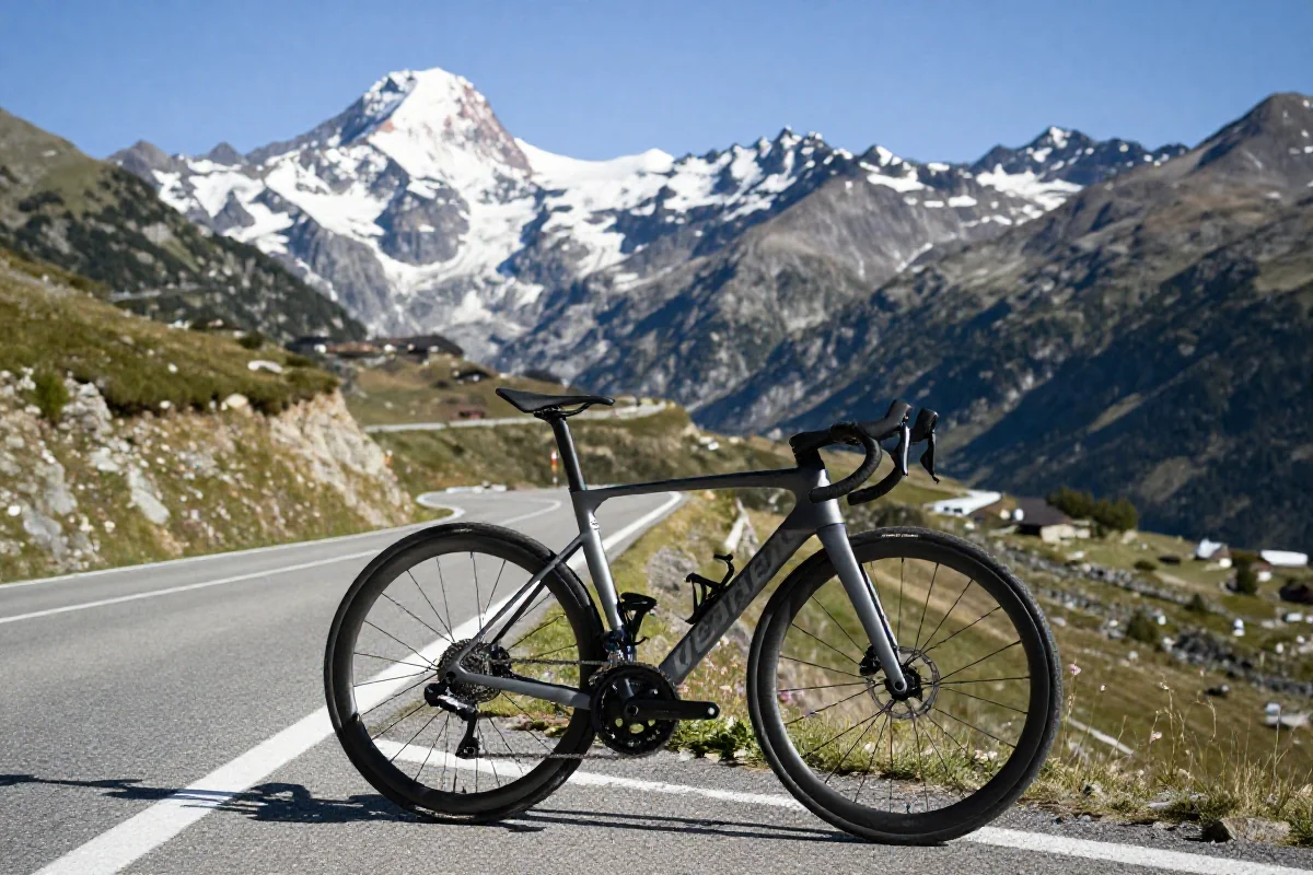 Widok na trasę rowerową w Alpach Francuskich z wysokiej jakości rowerem szosowym.