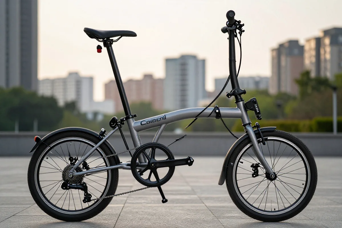 Składany rower elektryczny w miejskim otoczeniu, idealny do dojazdów.