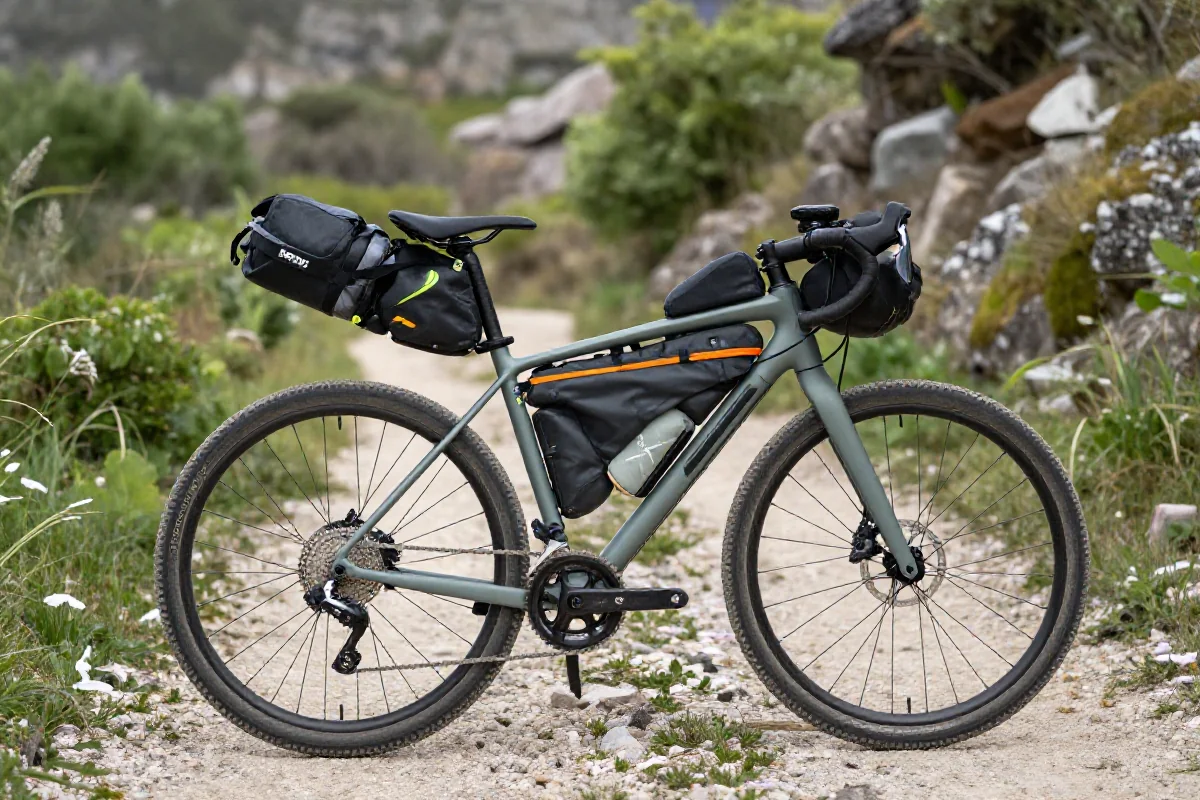 Rower z torbami bikepacking na ramie, podsiodłowej i górnej rurze na szlaku.