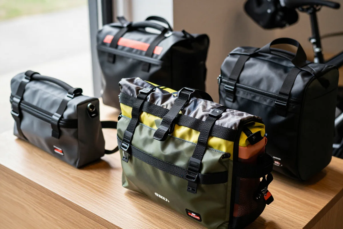 Różnorodne torby i sakwy rowerowe na drewnianym podłożu