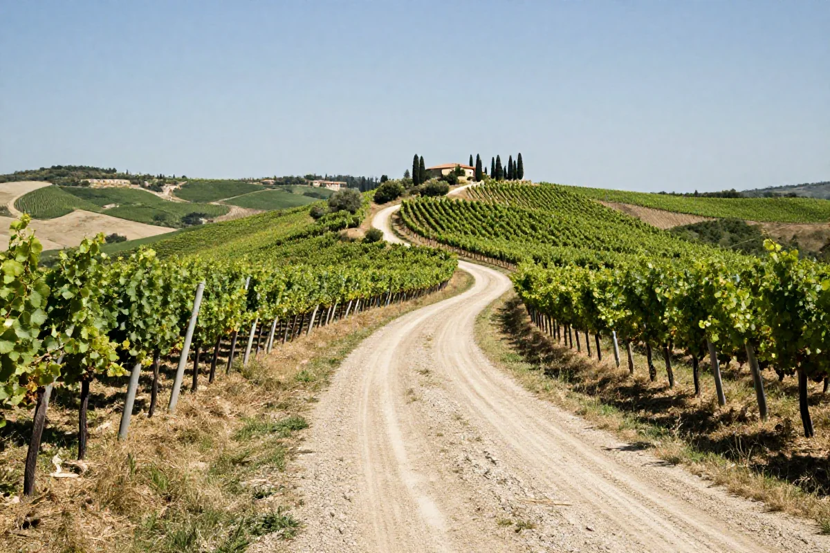 Malownicza trasa rowerowa w Toskanii z winnicami w tle.