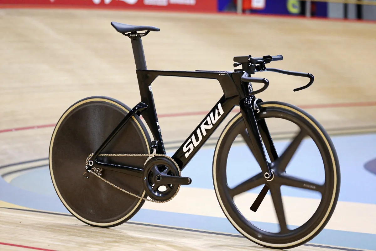 Rower torowy sprintowy z agresywną geometrią na torze, podkreślający wydajność i moc.