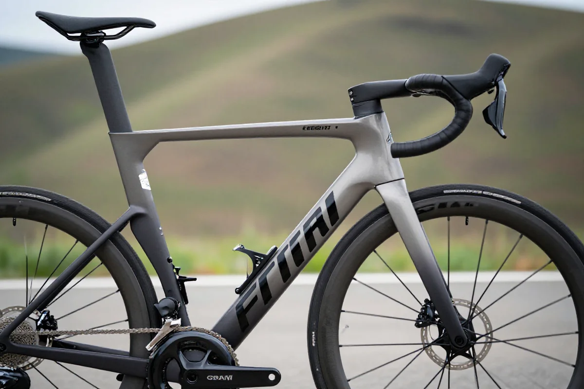 Nowoczesny rower szosowy z aerodynamiczną konstrukcją na tle malowniczej trasy