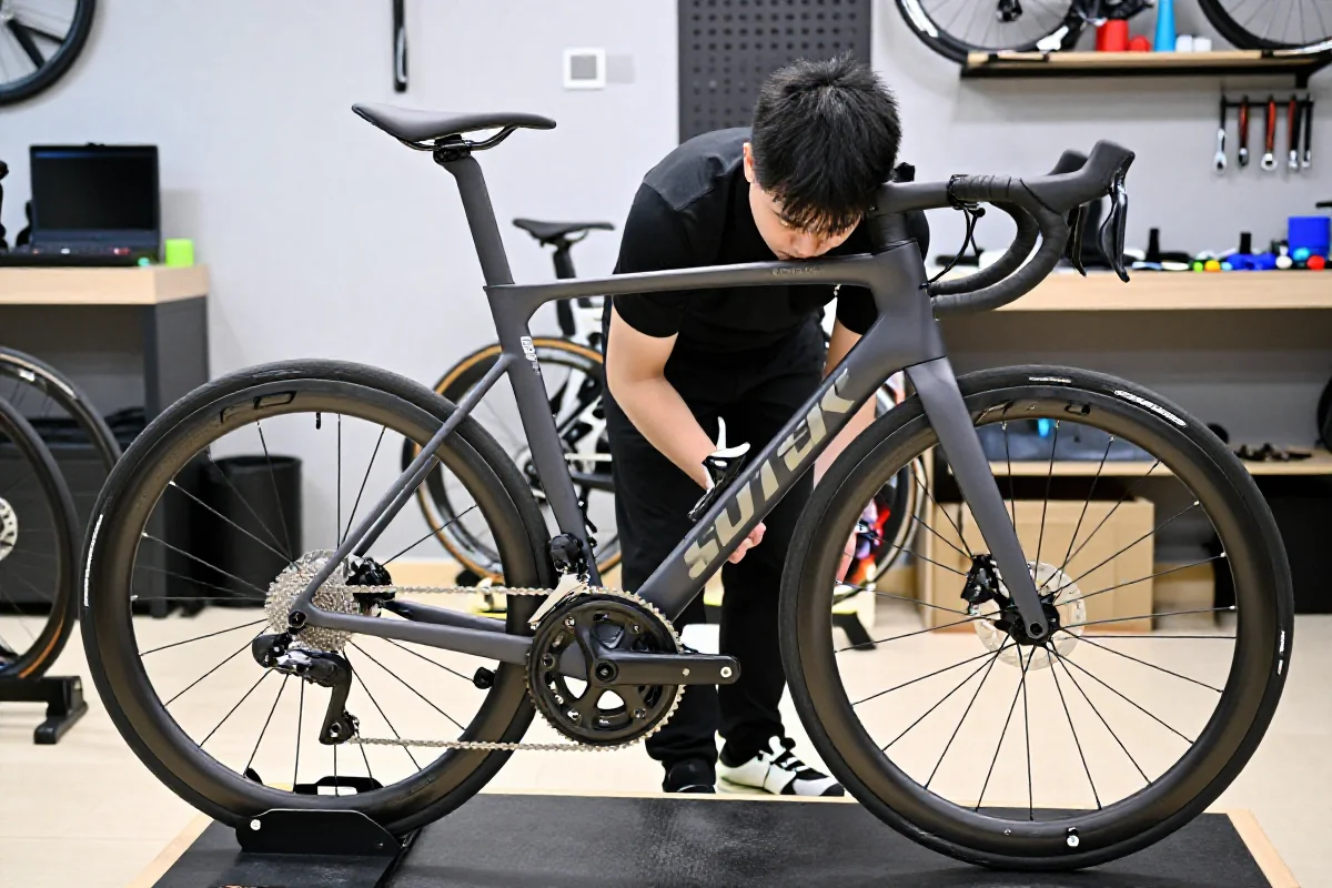 Dopasowanie roweru szosowego w profesjonalnym warsztacie rowerowym.