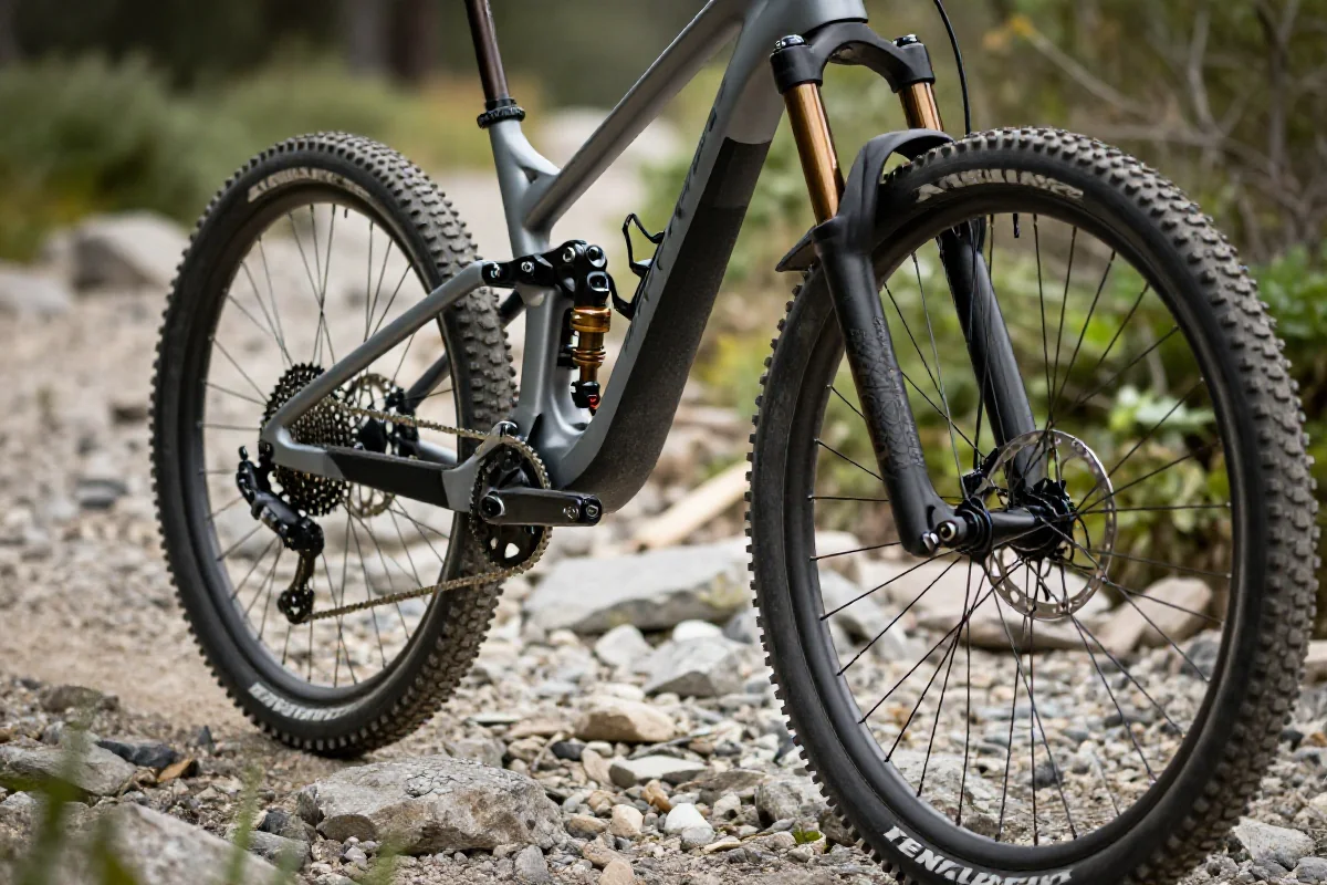 Nowoczesny rower górski na szlaku, ukazujący techniczne komponenty i geometrię ramy.