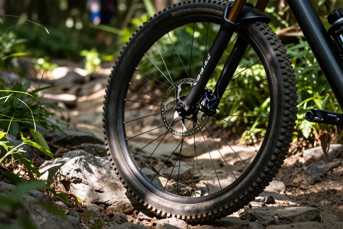 Nowoczesna technika hamowania na rowerze górskim w trudnym terenie.