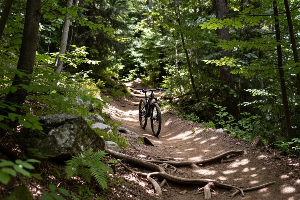 Legalna trasa MTB w polskim lesie z zielonymi drzewami i słońcem.