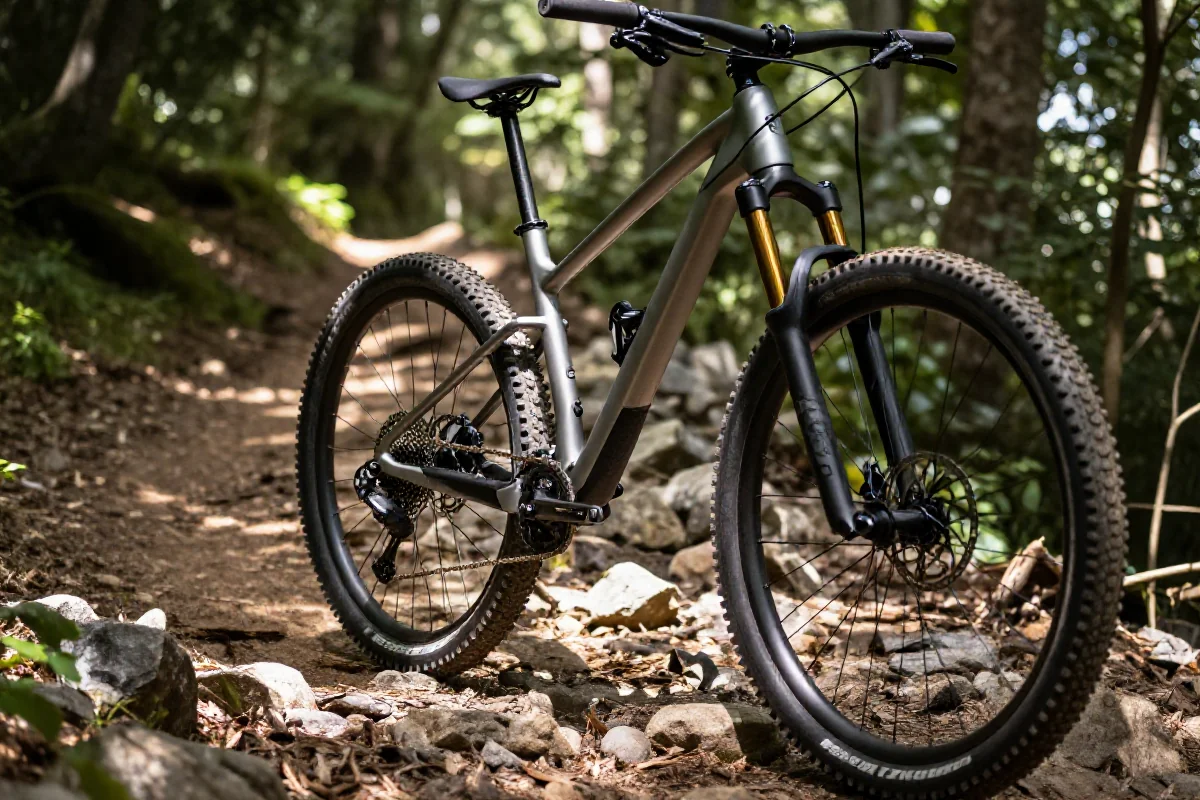 Rower górski na kamienistej trasie w lesie, idealny do trail-centra.