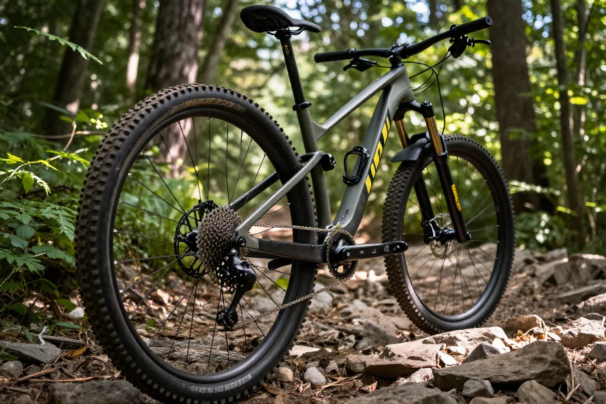 Rower górski na leśnej ścieżce, ukazujący zasady etykiety MTB.