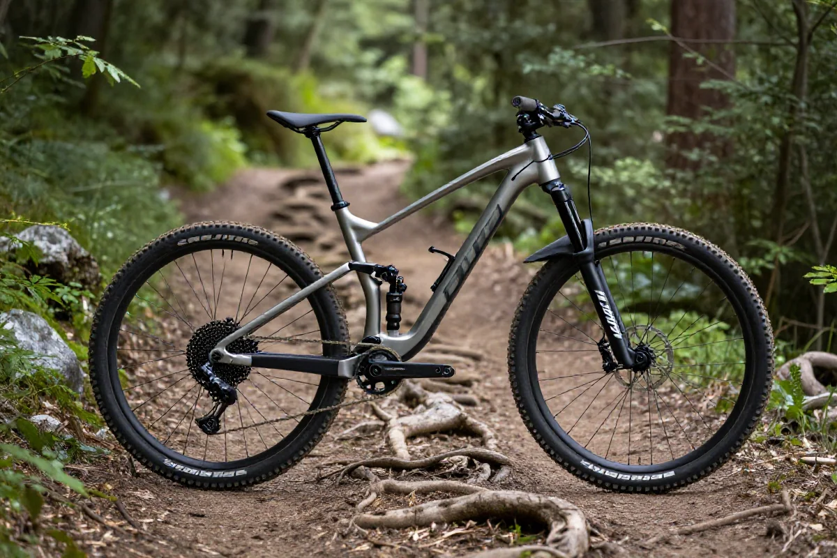 Rower górski typu trail na leśnej ścieżce, idealny do jazdy MTB.