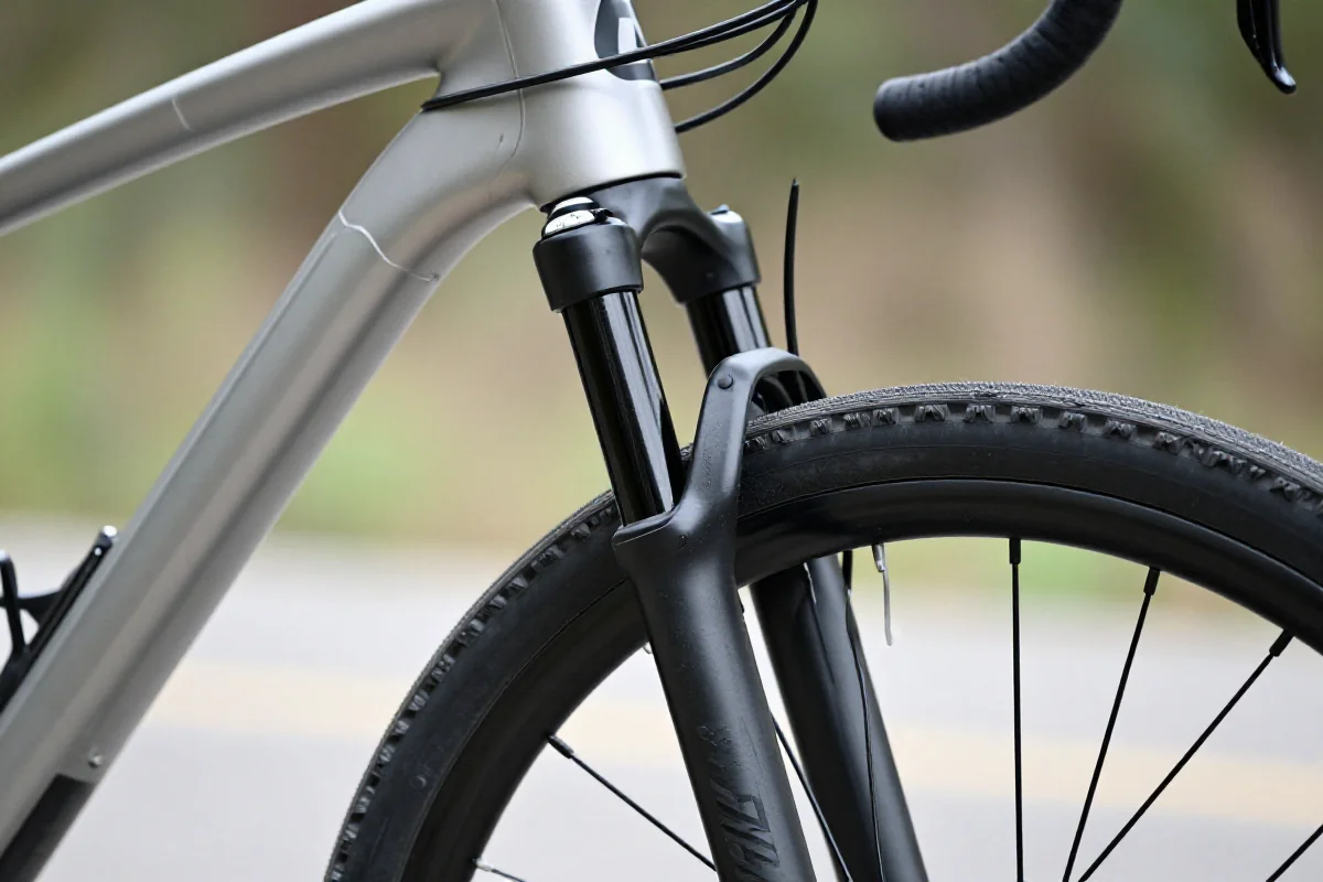 Szczegółowy widok geometrii roweru, kąt główki ramy i wyprzedzenie osi widelca.