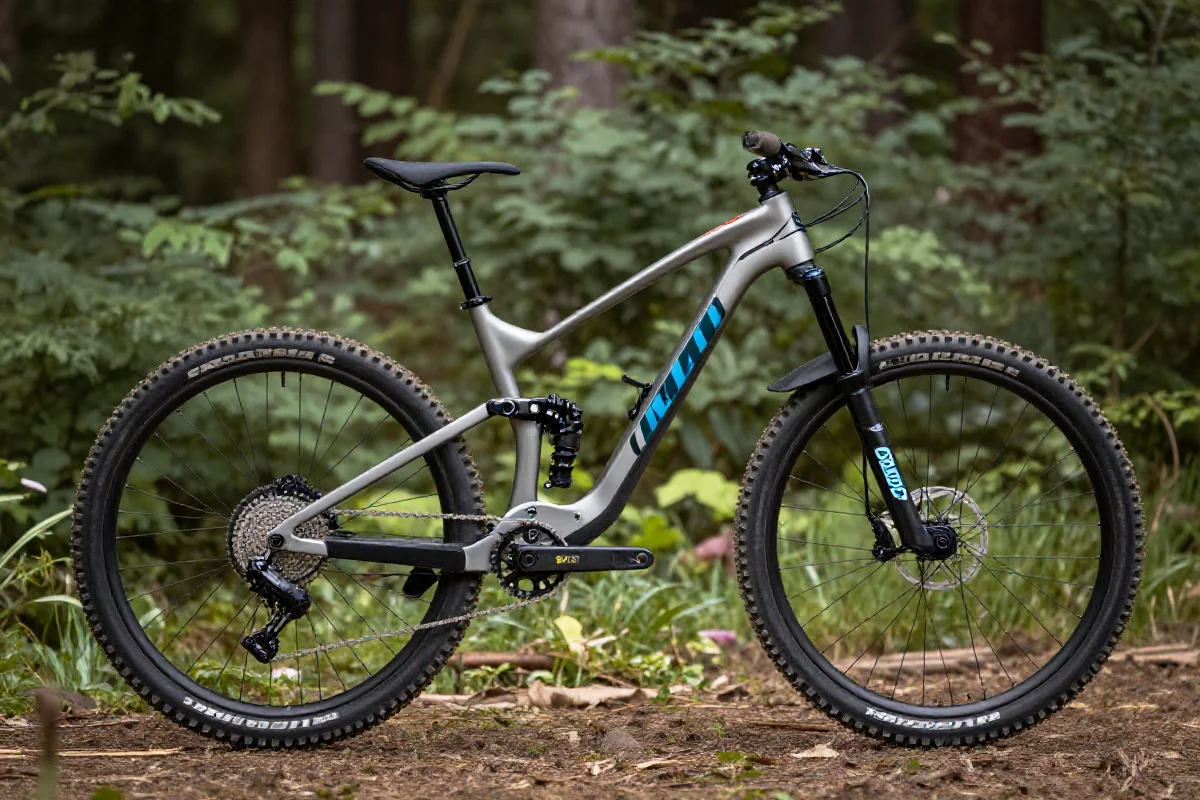 Rower trailowy z zawieszeniem 130mm w lesie, idealny do jazdy górskiej.