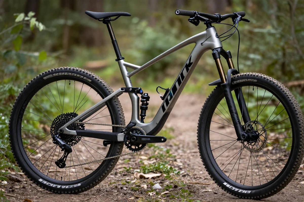 Rower górski trail 140mm na leśnej ścieżce, z wyraźnymi detalami i geometrią.