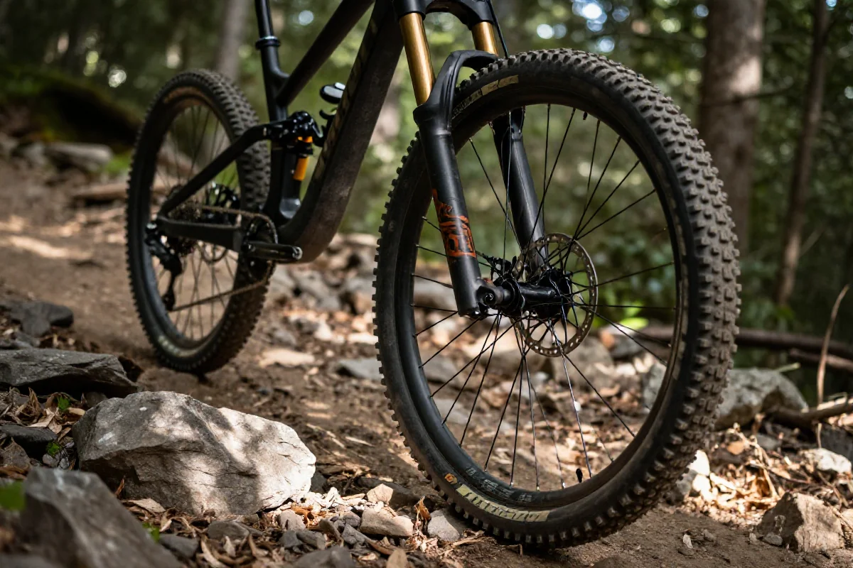 Szczegóły roweru górskiego na szlaku, z naciskiem na hamulce i opony.