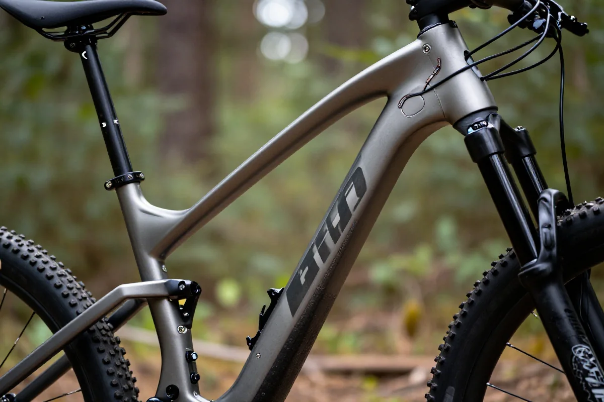 Szczegóły geometrii roweru górskiego w leśnym otoczeniu