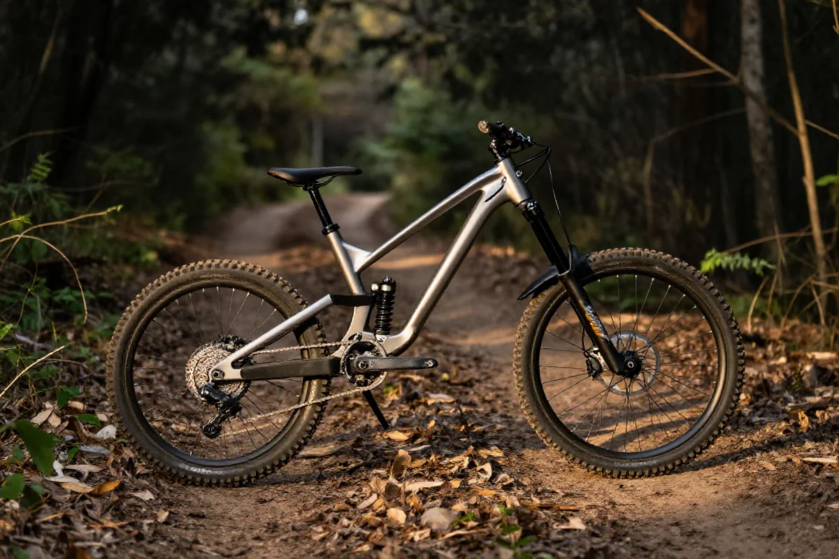 Rower trailowy na szlaku w lesie, ukazujący wszechstronność MTB.