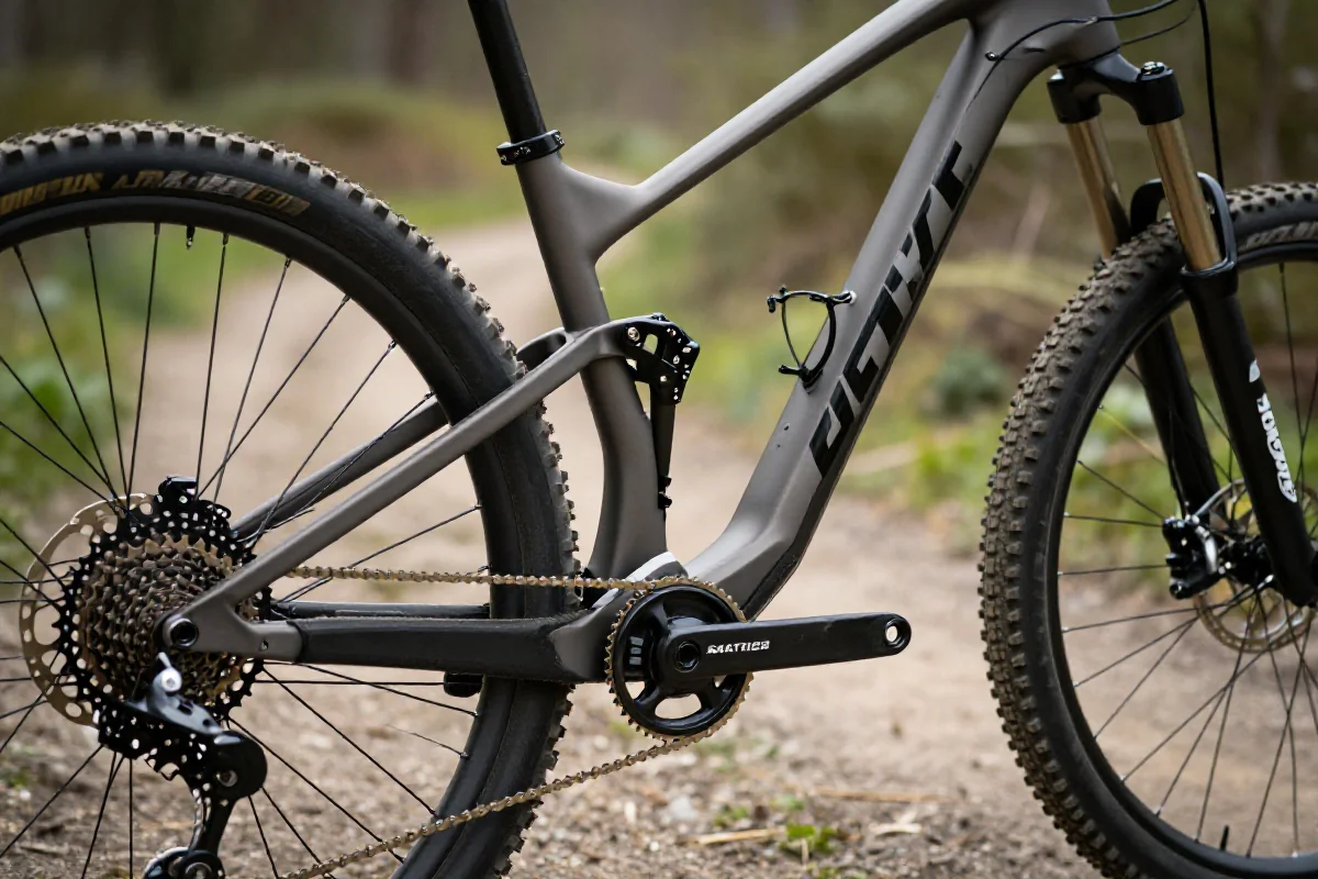 Zbliżenie na ramę roweru górskiego na tle leśnej ścieżki