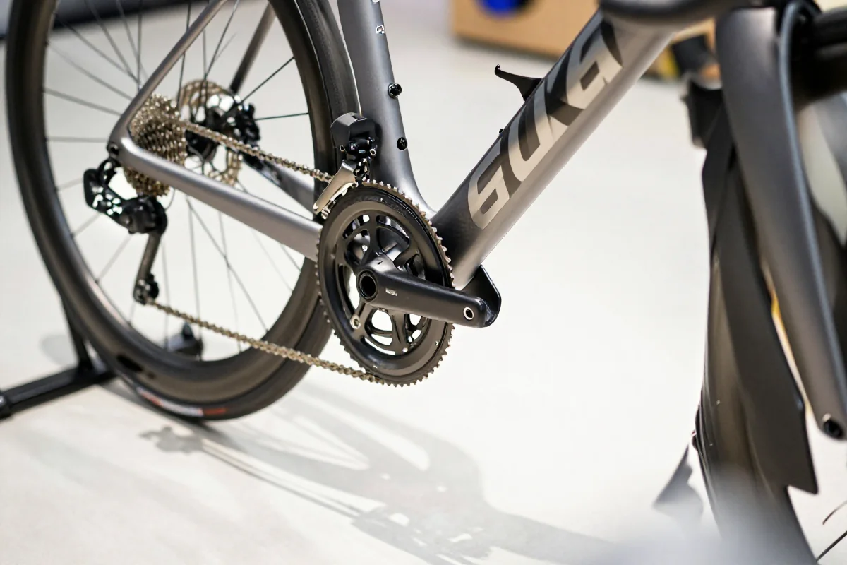 Szczegóły roweru szosowego z widokiem na mechanizmy i hamulce.