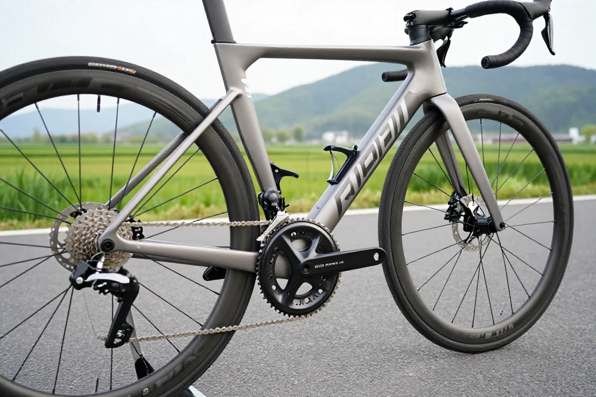 Blisko ujęcie nowoczesnego roweru szosowego z detalami komponentów.