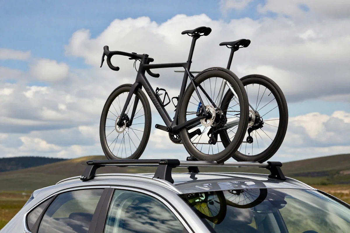Bagażnik dachowy z rowerami szosowymi na samochodzie w plenerze